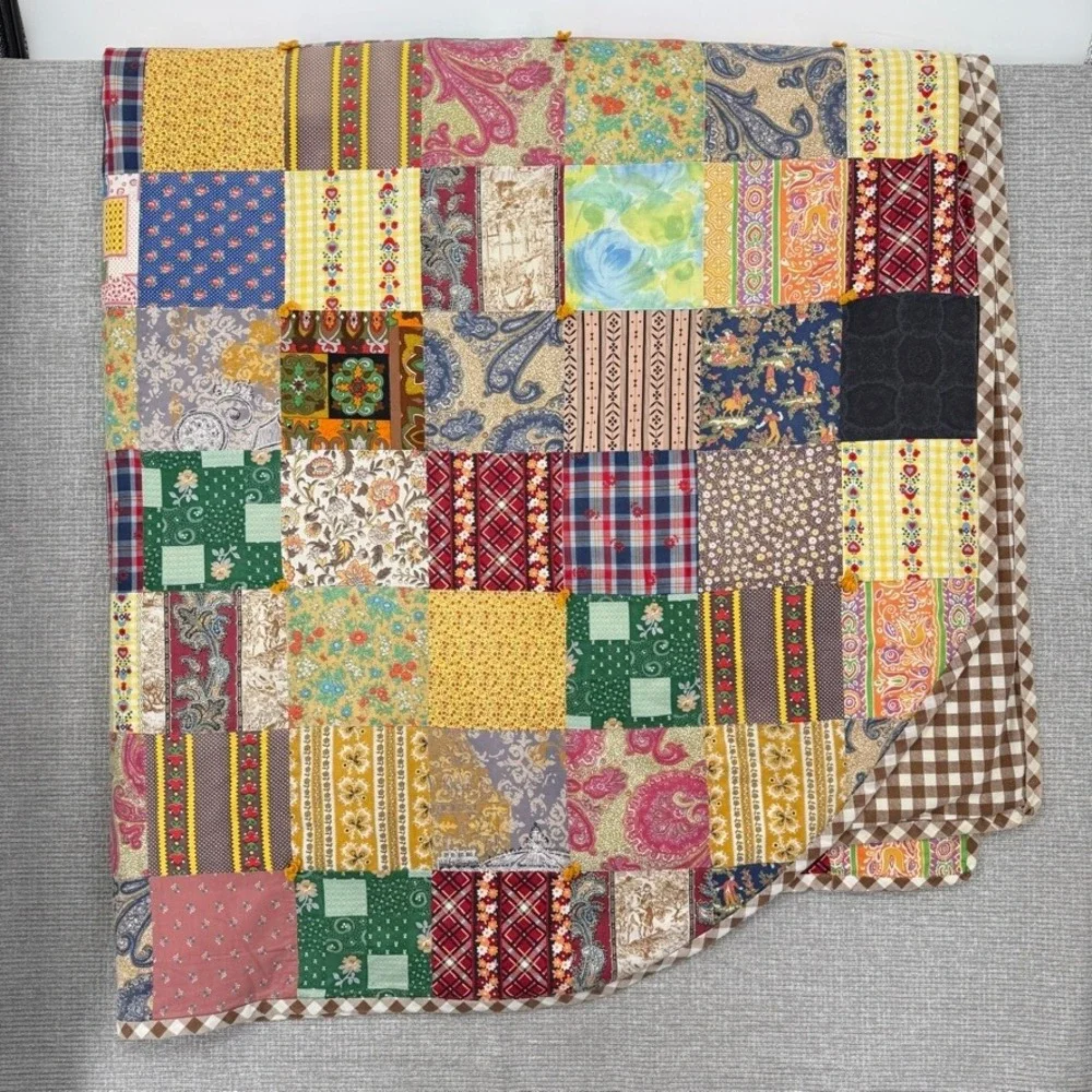 Vintage‎ Patchwork Quilt Blanket Twin Size Multicolor Floral Plaid Gingham Boho